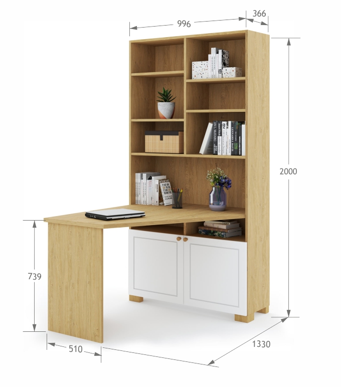 RB.2P Bookcase desk right Frame Oak White